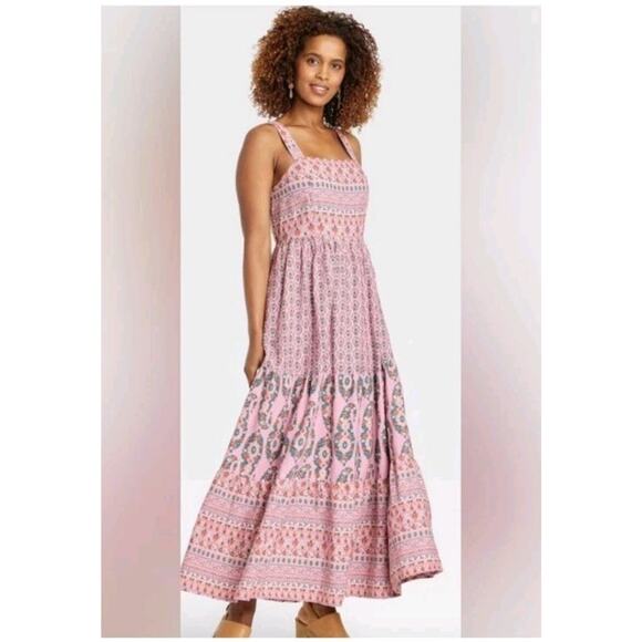 Boho Tiered Maxi Dress XL – Pink Peasant Cottagecore Flowing Dress - Picture 1 of 8